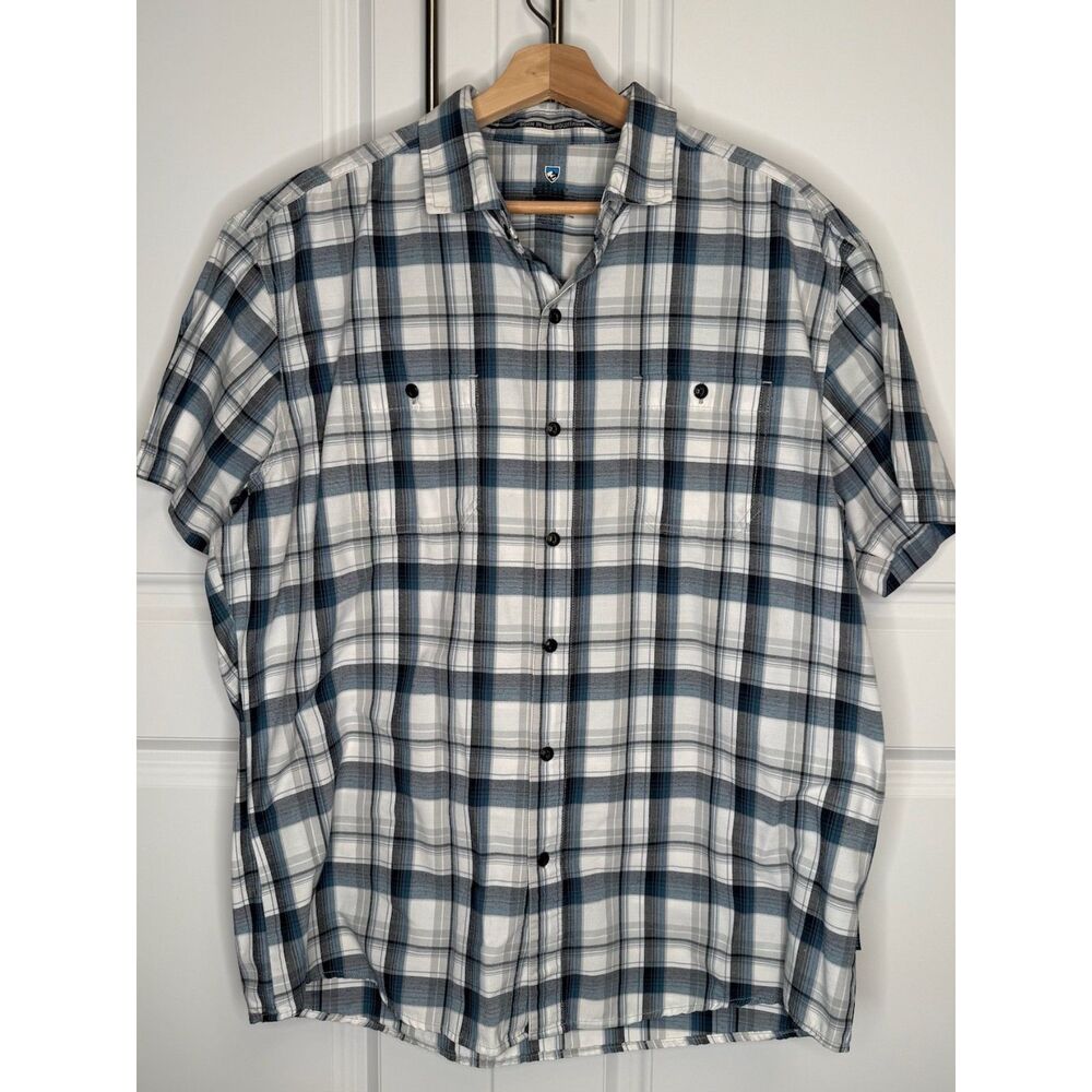 Kuhl Konquer Short Sleeve Plaid Shirt Mens XL Gray Blue Outdoor Hiking